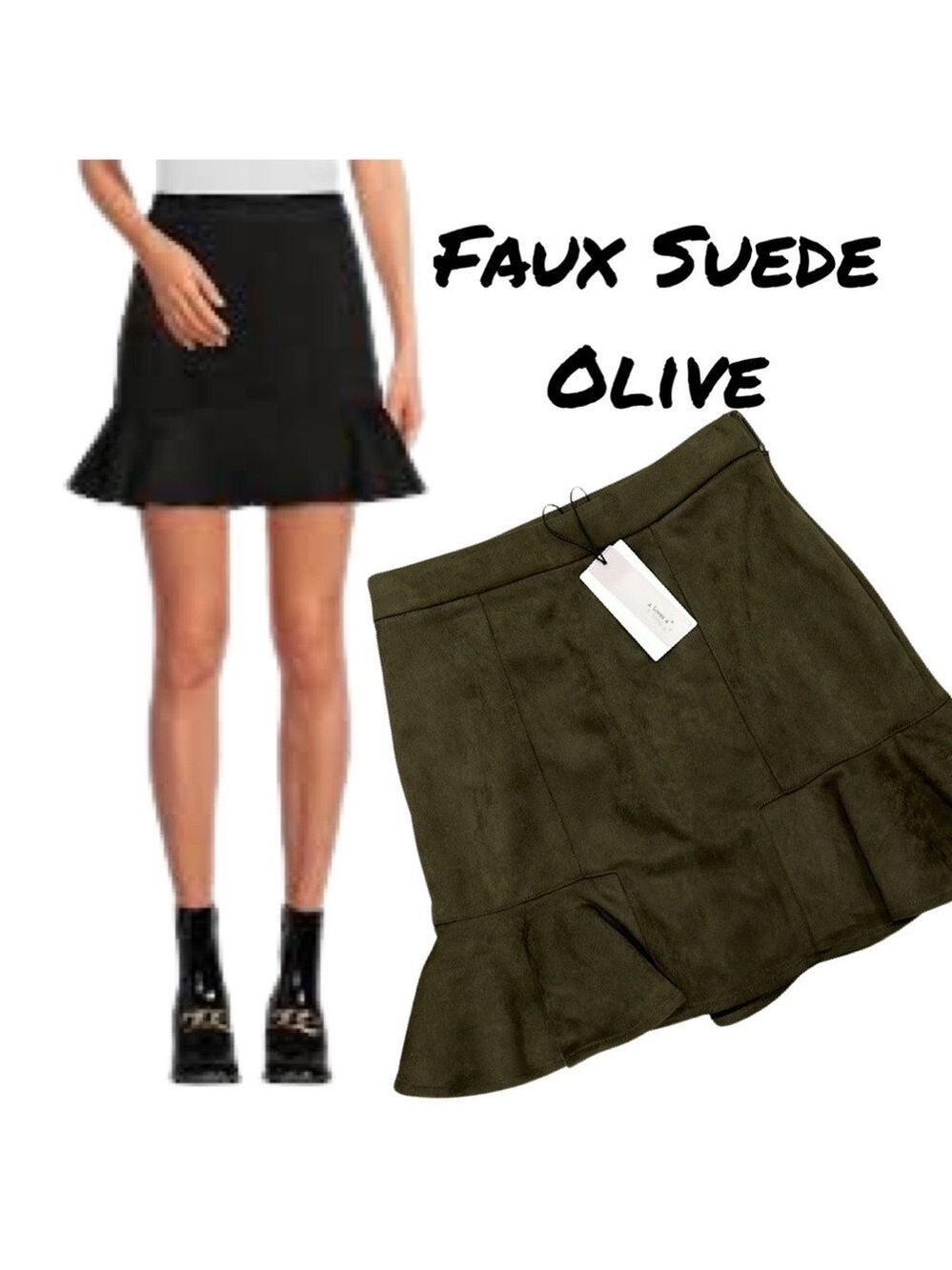 🎩🗝️ NWT $79 a loves a Ruffle Hem Faux Suede Skirt -Olive